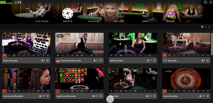 Live Blackjack, Roulette, Baccarat und Casino Poker bei 888